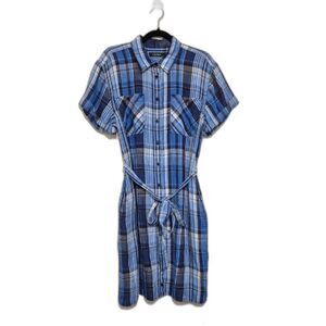 Lauren Ralph Lauren Linen Shirt Dress 10 Blue Plaid Belted Button Front